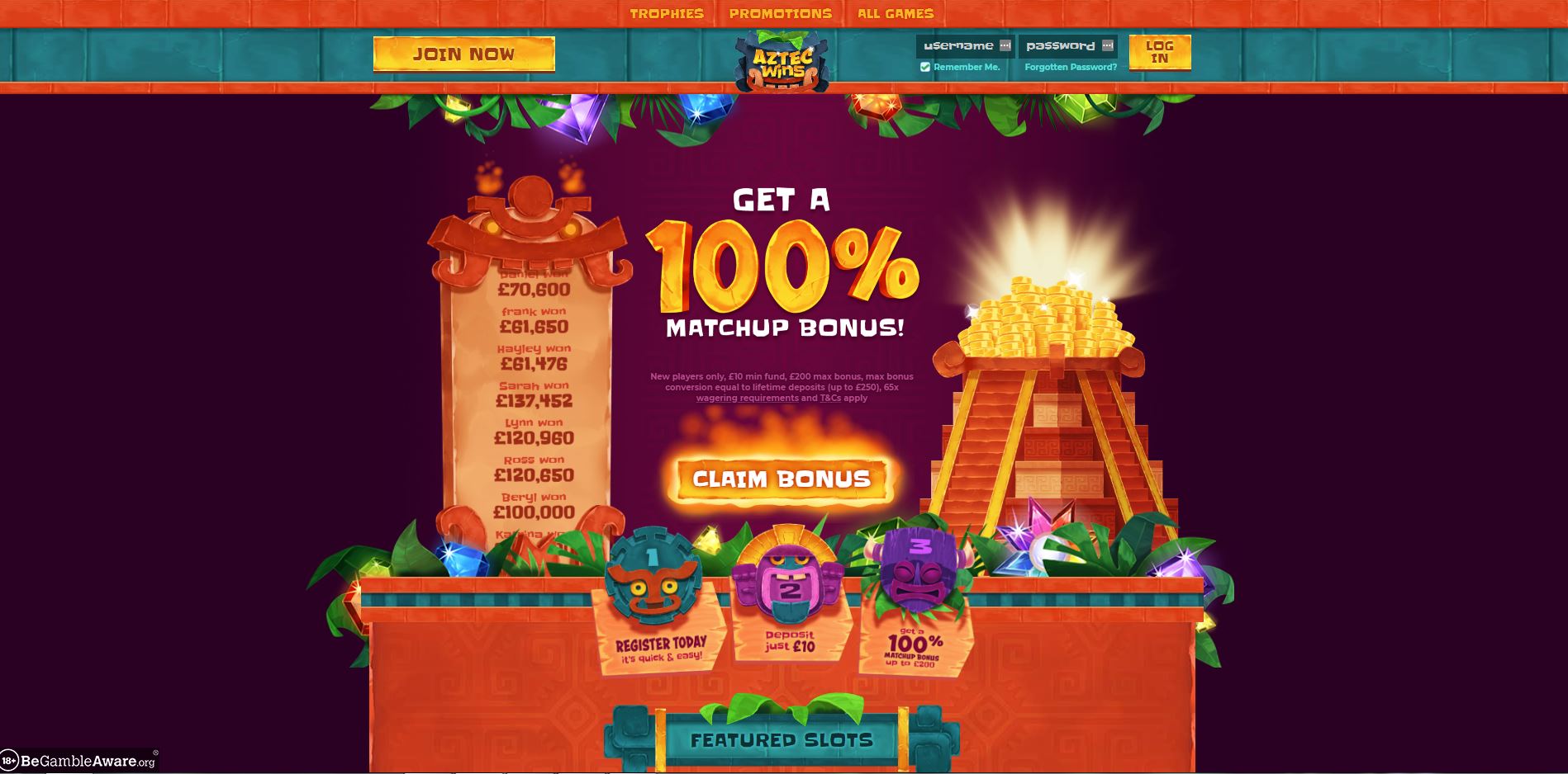 Aztec Wins casino homepage