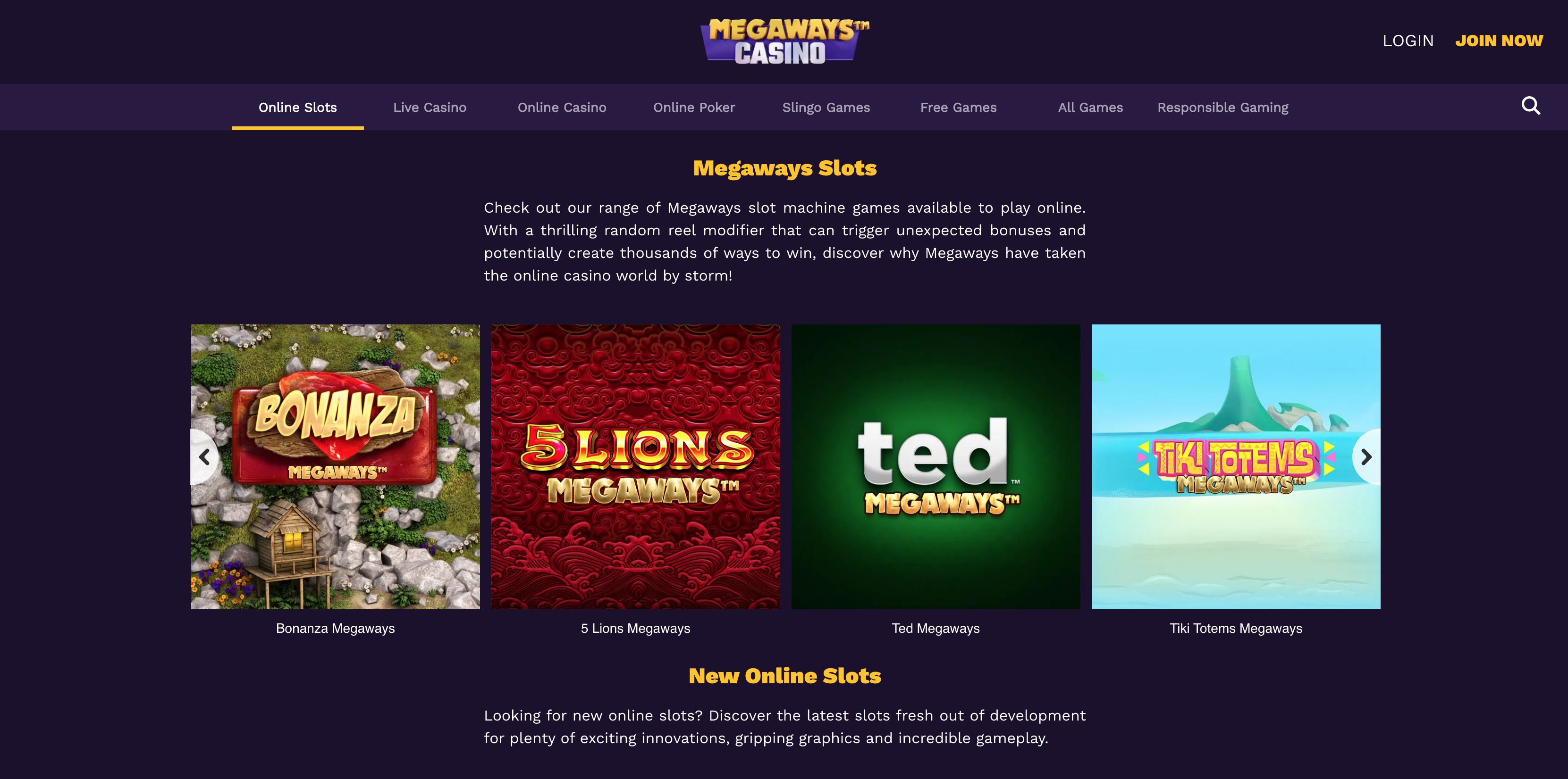 Megaways Casino homepage