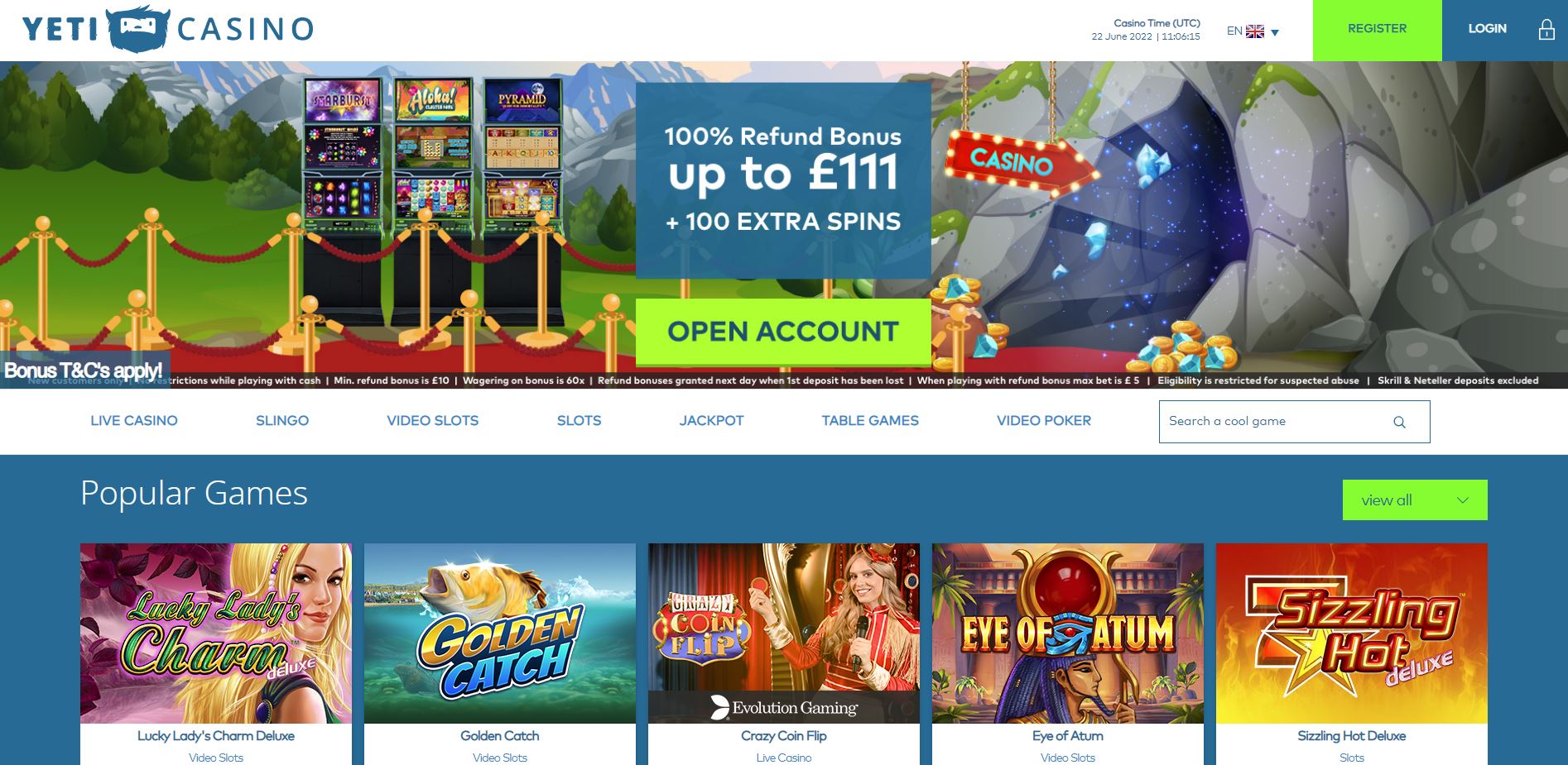 Yeti Casino homepage