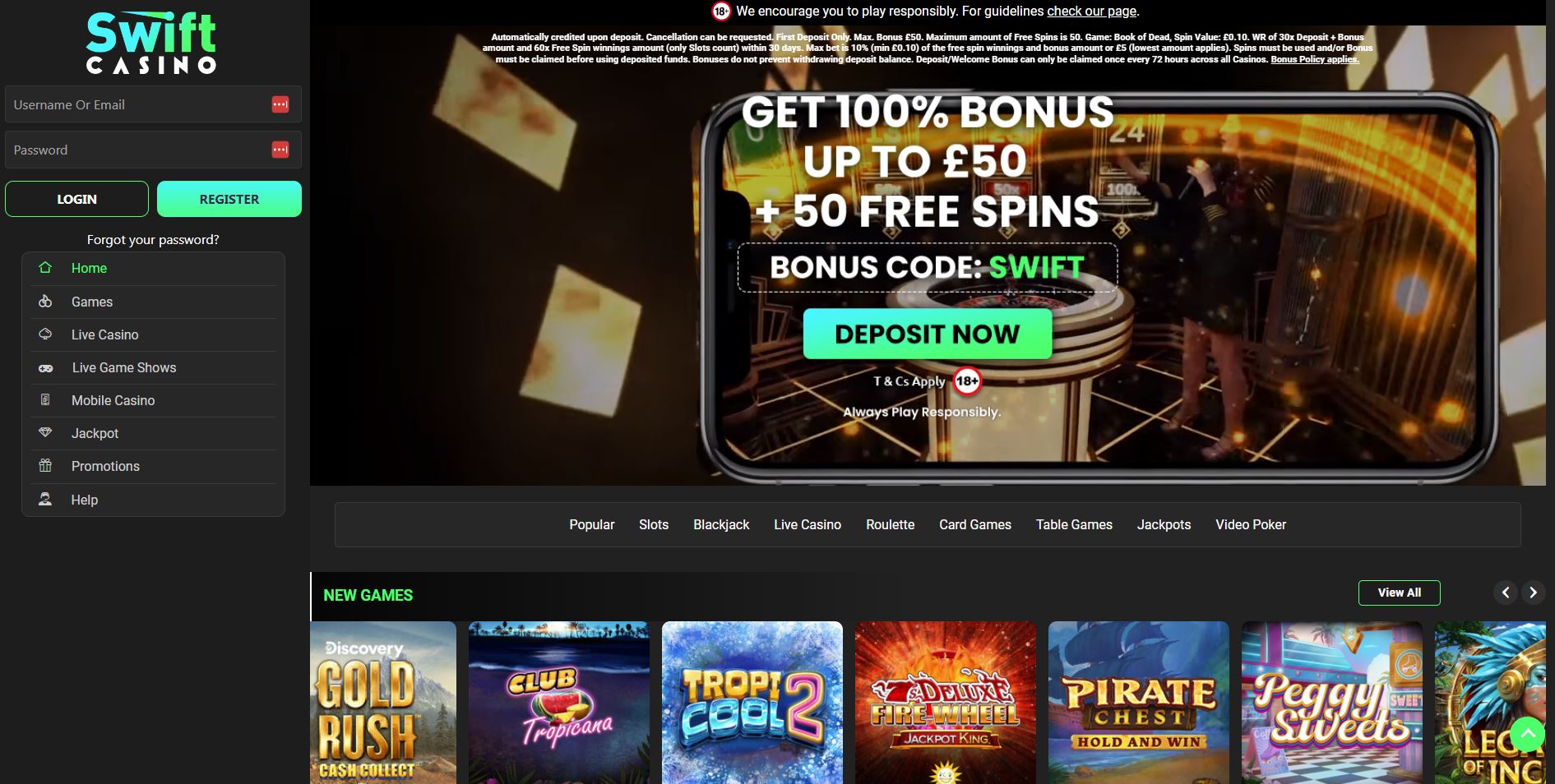 Swift Casino Landing Page