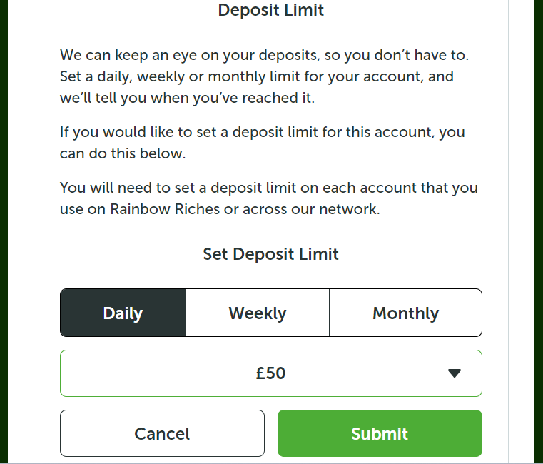Rainbow Riches Deposit Limiter