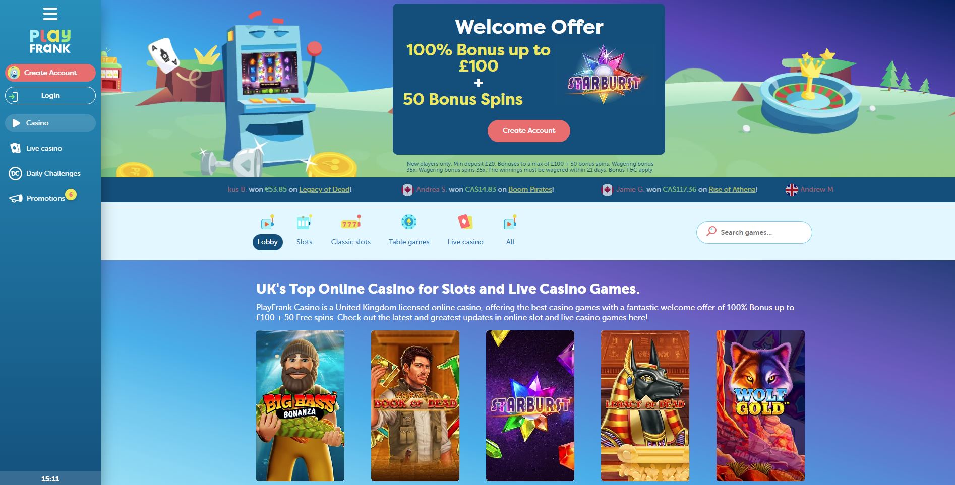 Play Frank Casino homepage