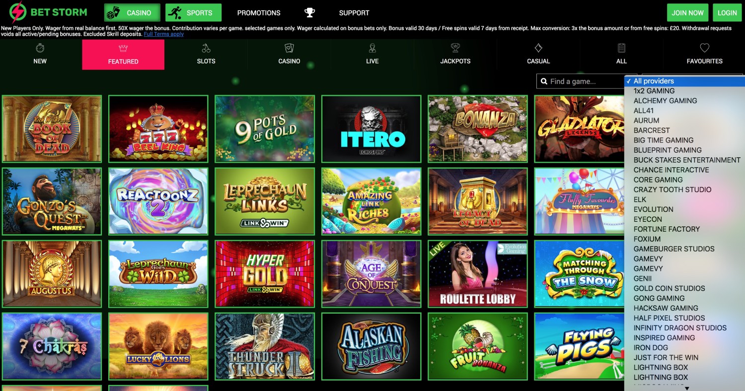 a screenshot of bet storm casino site